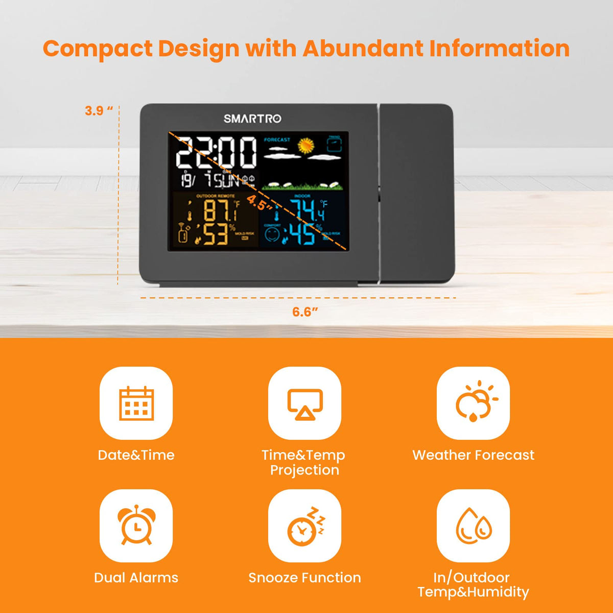 SC91 Projection Alarm Clock for Bedrooms with Weather - SMARTRO Official Imagery - 3