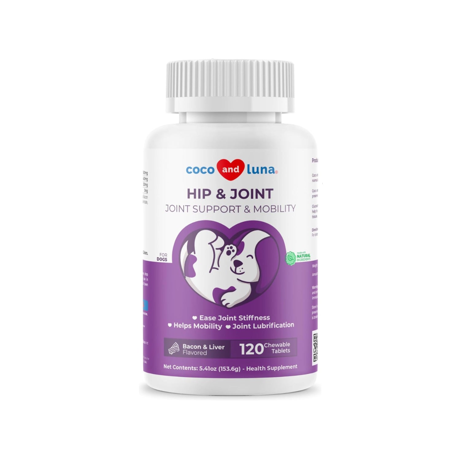 Coco and Luna dog hip and joint supplement with glucosamine, showing the supplement bottle and chew treats on a white background.