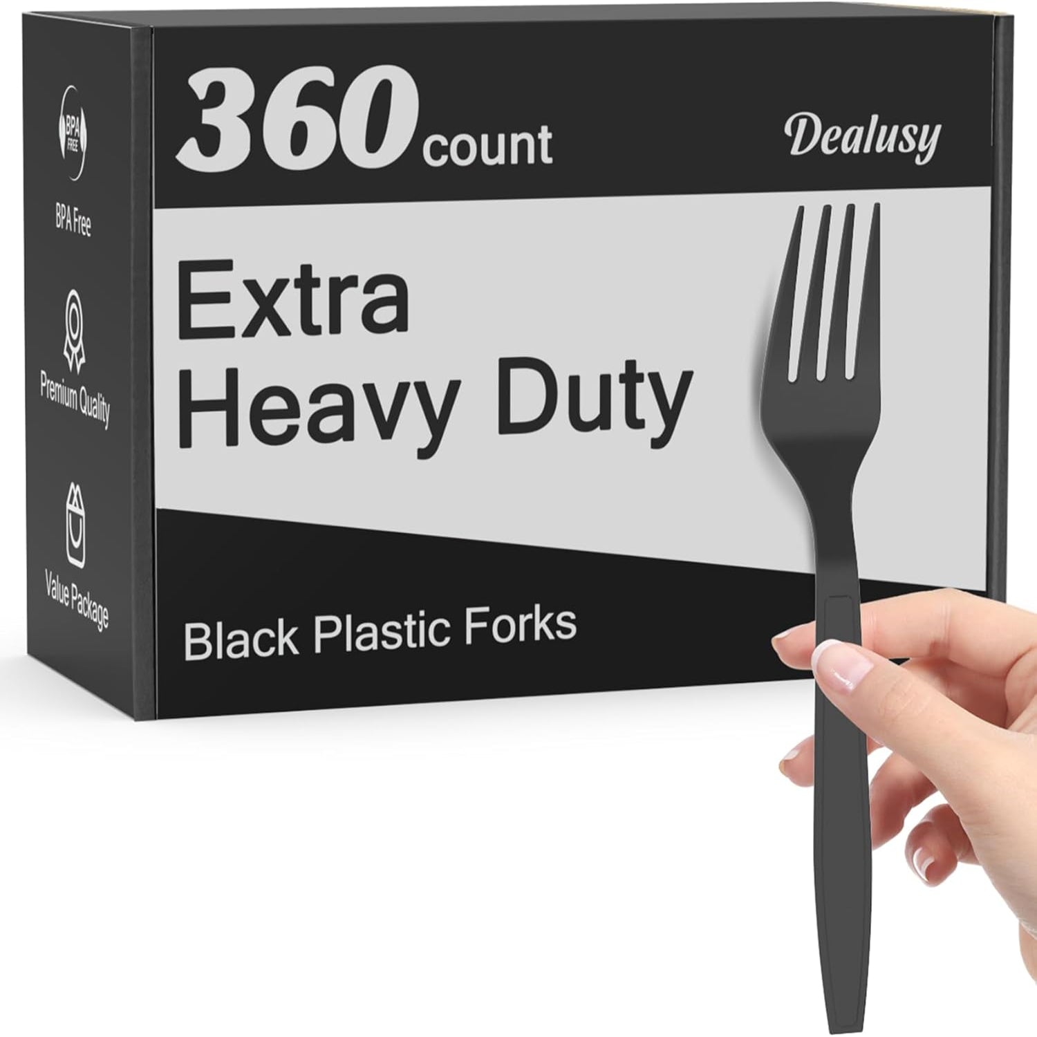 Dealusy 360 black disposable plastic forks, extra heavy duty, BPA-free, suitable for party and outdoor use.