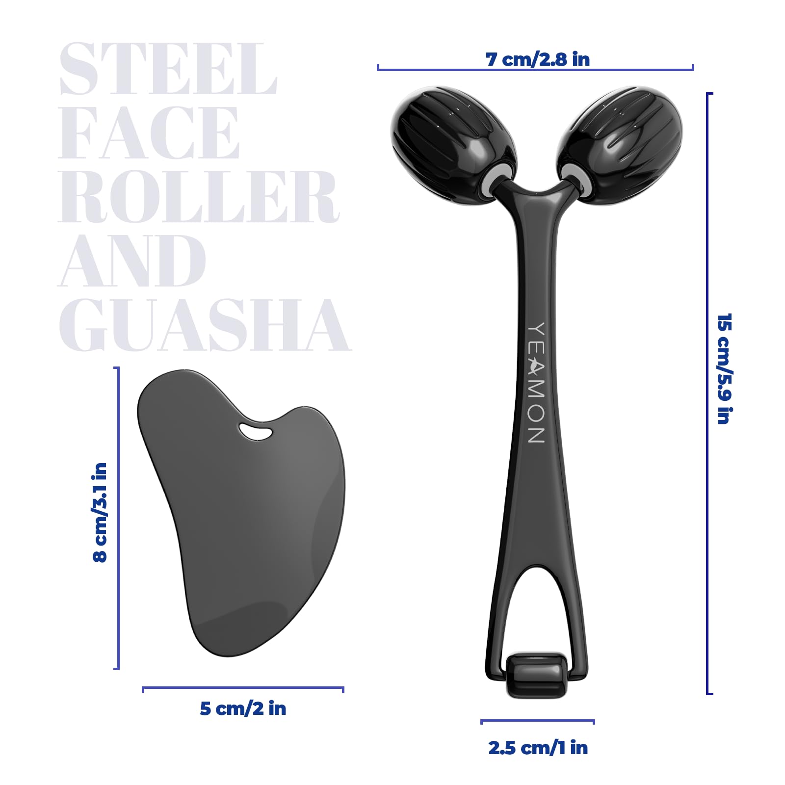 Yeamon stainless steel Gua Sha and face roller set, facial massage tools with smooth, polished surfaces for skincare treatment.