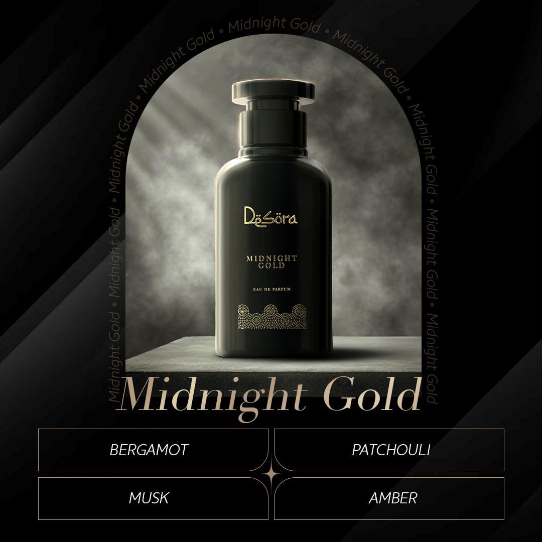 Unisex Desora Midnight Gold Eau de Parfum with grapefruit and patchouli, 3.4 oz, showcasing the elegant perfume bottle.