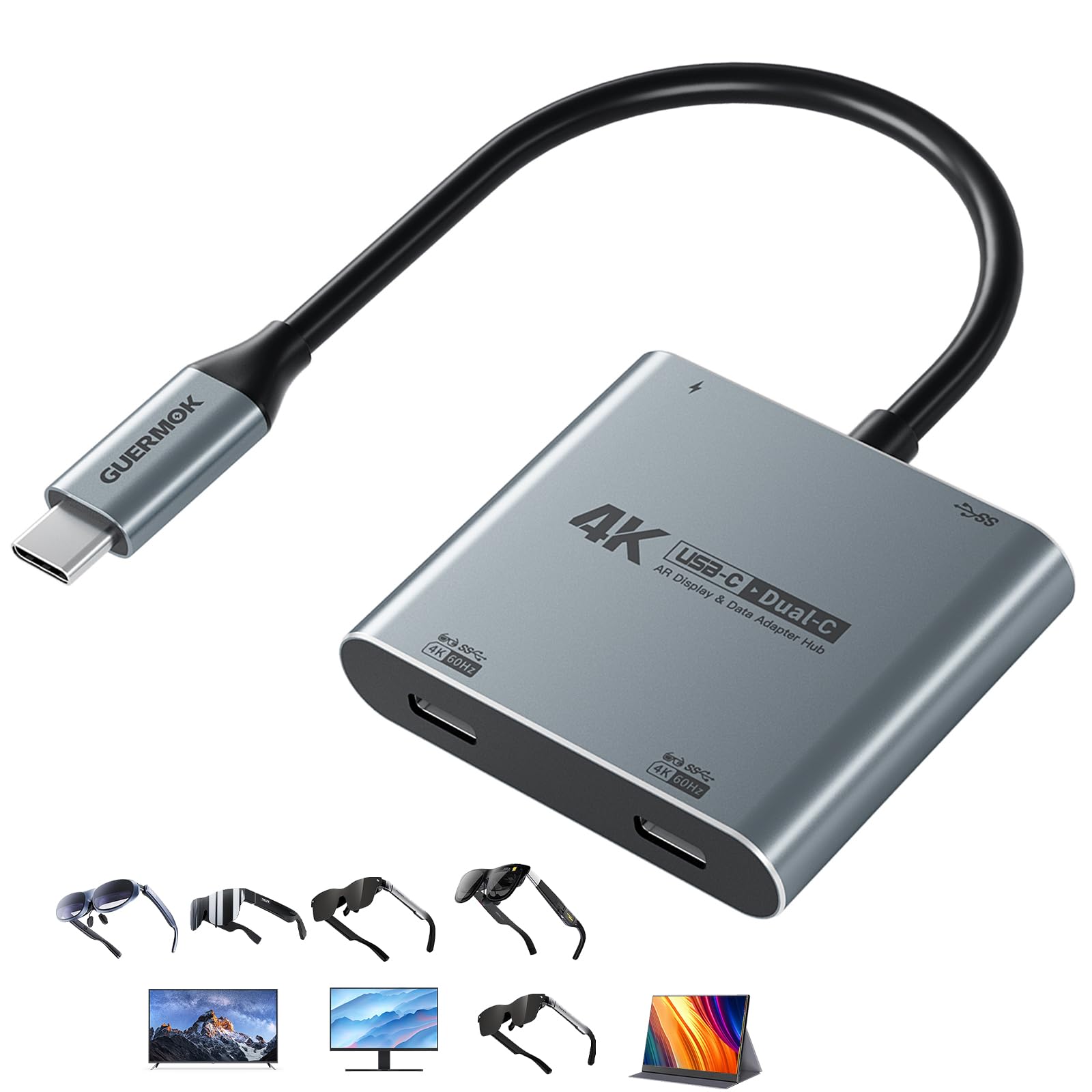 Guermok 4-in-1 Dual USB-C Display Hub, 4K@60Hz Video Output, AR Glasses Hub