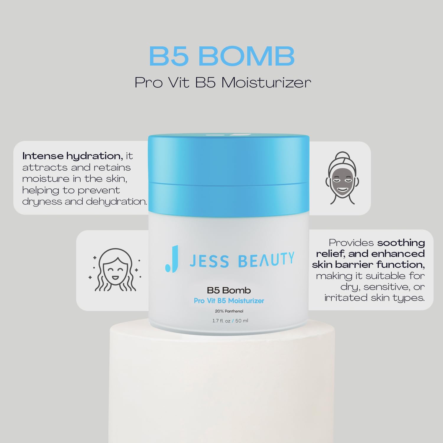 JESS BEAUTY | B5 Bomb Moisturizer | 20% Panthenol Face Cream for Deep Hydration, Strengthens Skin Barrier & Soothing Relief | Lightweight, with Hyaluronic Acid & Vitamin E | Korean Skincare 1.7 fl oz - JESS BEAUTY Official Product View 3