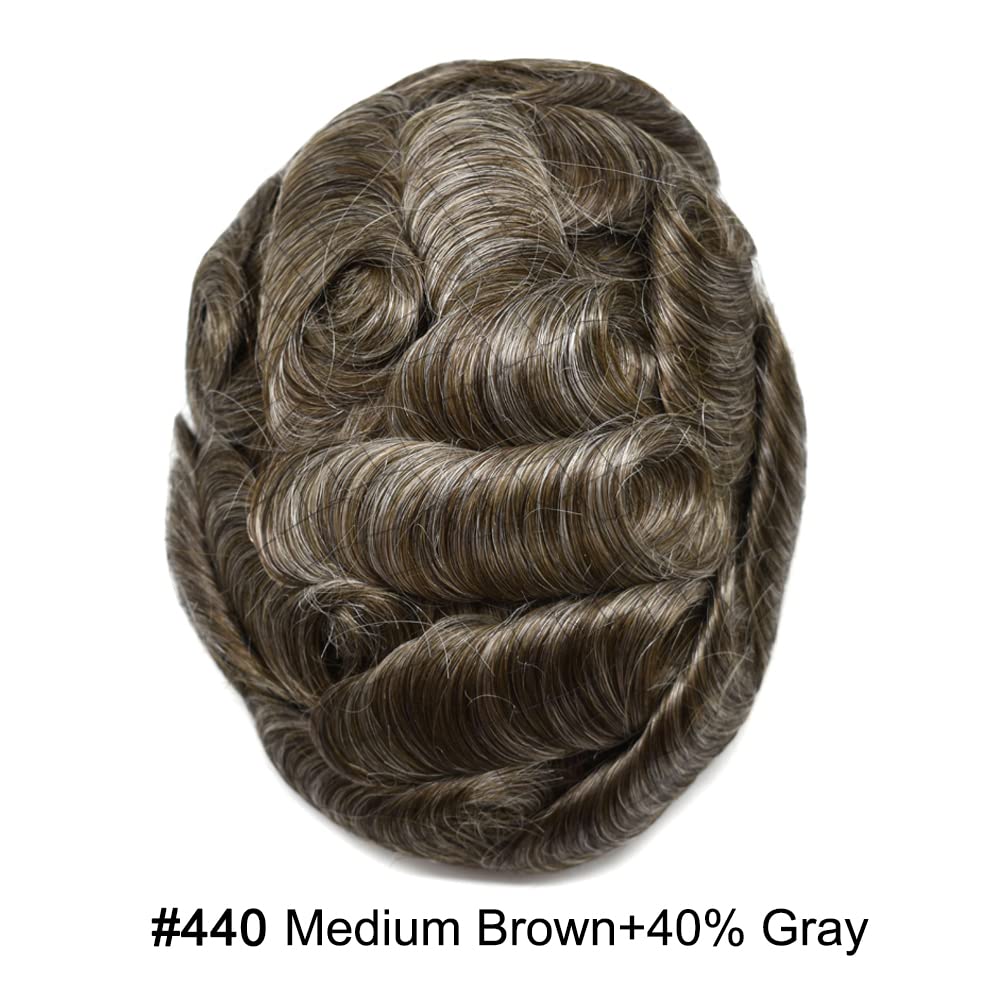 Curve Hair Mens Toupee Human Hair Piece Replacement System Monofilament Wig Hair Unit for Men Durable Poly Coated Mens Hairpiece (#440 Medium Brown+40% Gray, 7"X9")