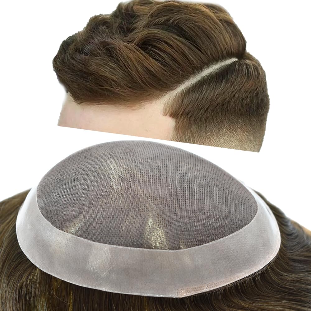 Curve Hair Mens Toupee Human Hair Piece Replacement System Monofilament Wig Hair Unit for Men Durable Poly Coated Mens Hairpiece (#5 Med-light Brown, 8"X10")