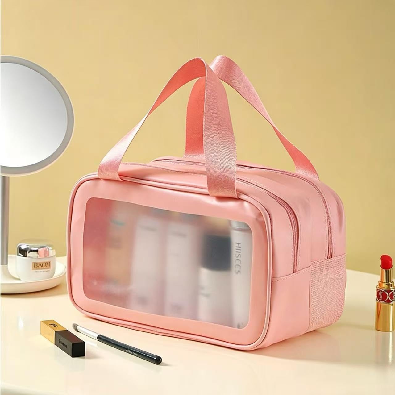 Clear PVC Cosmetic Bag, Waterproof Travel Toiletry Organizer with Handles, Wet and Dry Separation Makeup Storage Bag (blue)