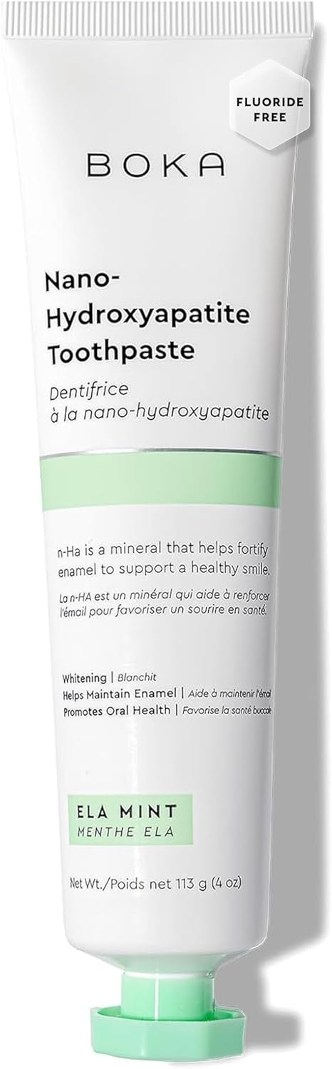 Boka fluoride-free nano hydroxyapatite toothpaste for sensitive teeth, showing a tube with mint flavor and natural ingredients