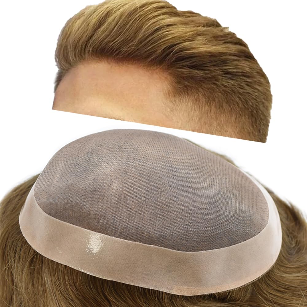 Curve Hair Mens Toupee Human Hair Piece Replacement System Monofilament Wig Hair Unit for Men Durable Poly Coated Mens Hairpiece (#710 Very Light Brown+10% Gray, 6"X9")