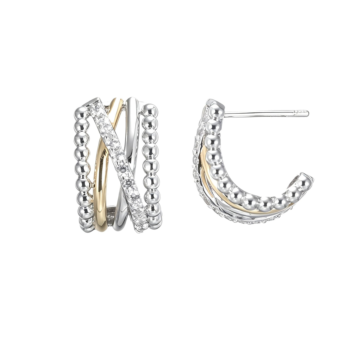 Two Tone Jewelry Twisted CZ Hoop Stud Earrings Rhodium - MWAHXIAO Official Imagery - 2