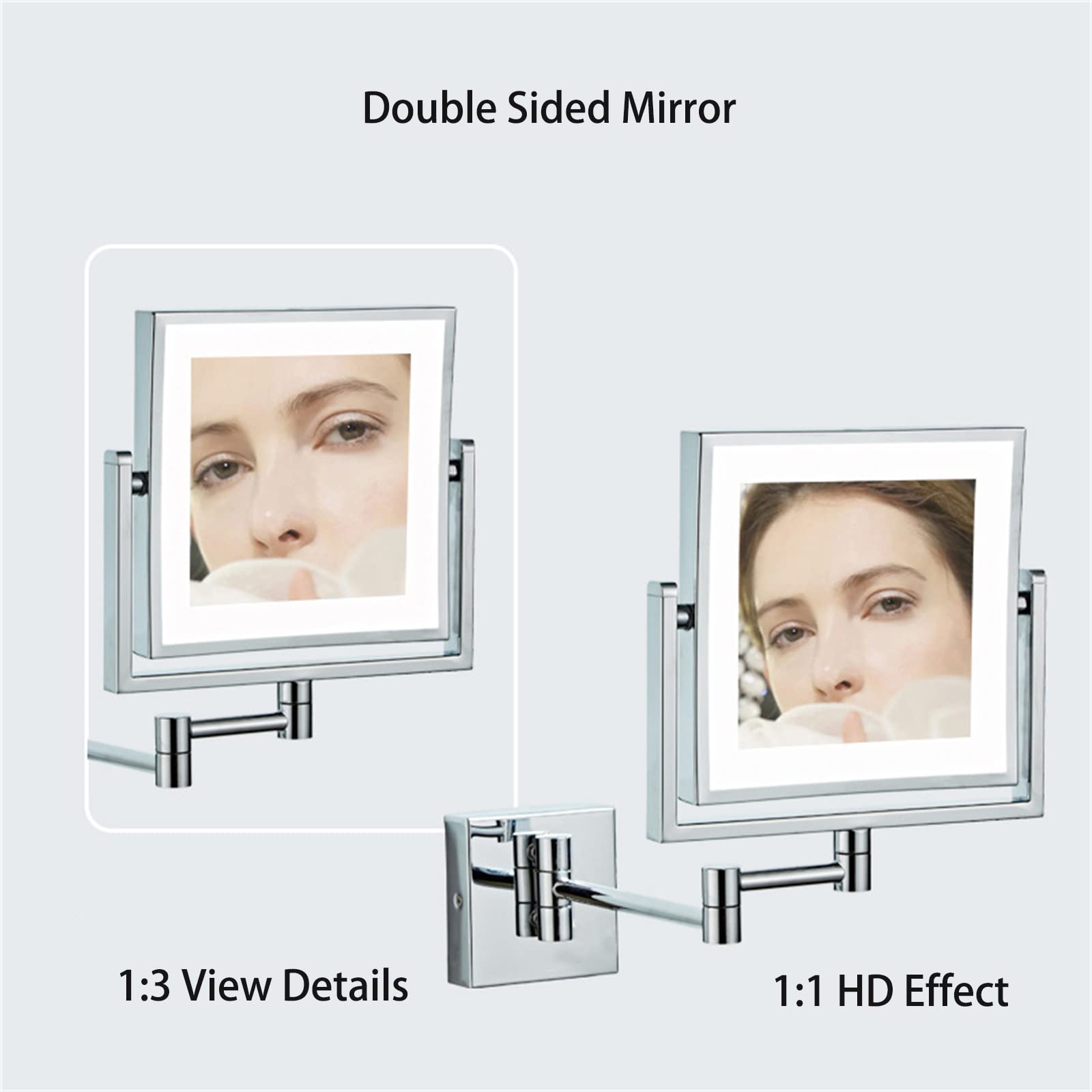 Wall-mounted brass LED makeup mirror with 360° rotation, double-sided 1x/3x magnification, illuminated bathroom mirror.