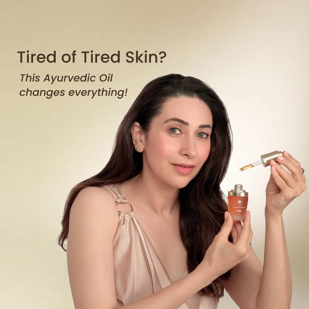 Shankara Kumkumadi Oil for Face with saffron and 32 Ayurvedic flowers, showcasing a glass bottle with golden saffron oil.