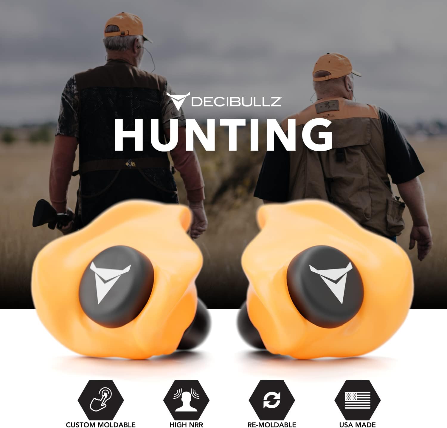 Decibullz custom molded earplugs with 31dB NRR for hearing protection during shooting, travel, work, and concerts.