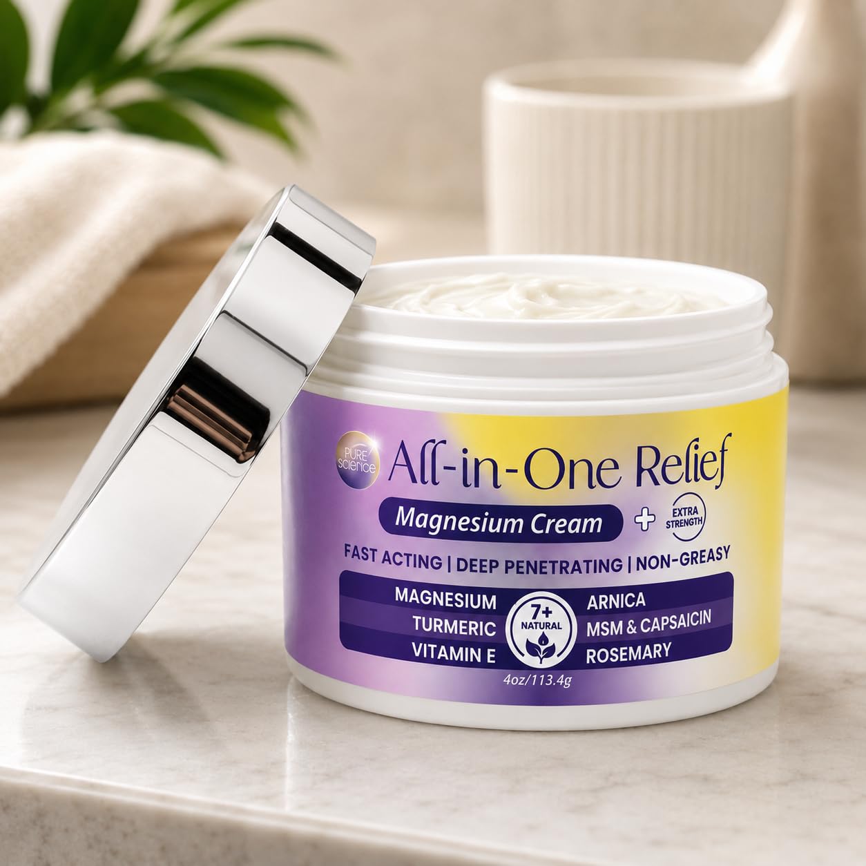 Purple Canyon Magnesium Cream with menthol, MSM, and arnica for soothing muscle relief, shown in a jar with purple labeling.