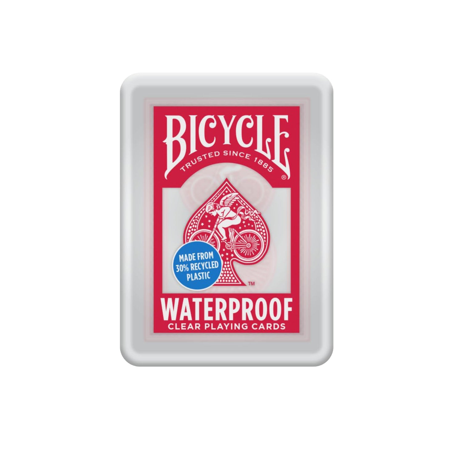 Red Bicycle waterproof plastic playing cards deck, durable and suitable for outdoor use, shown in a close-up image.