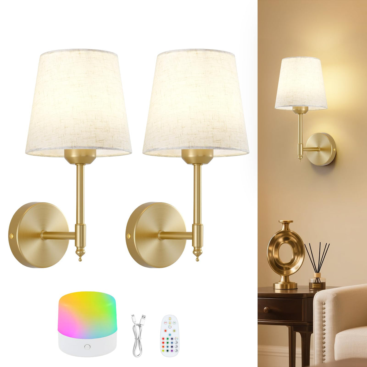 Gold Battery Operated Wall Sconces Rechargeable Wireless - jetffiao Official Imagery - 1