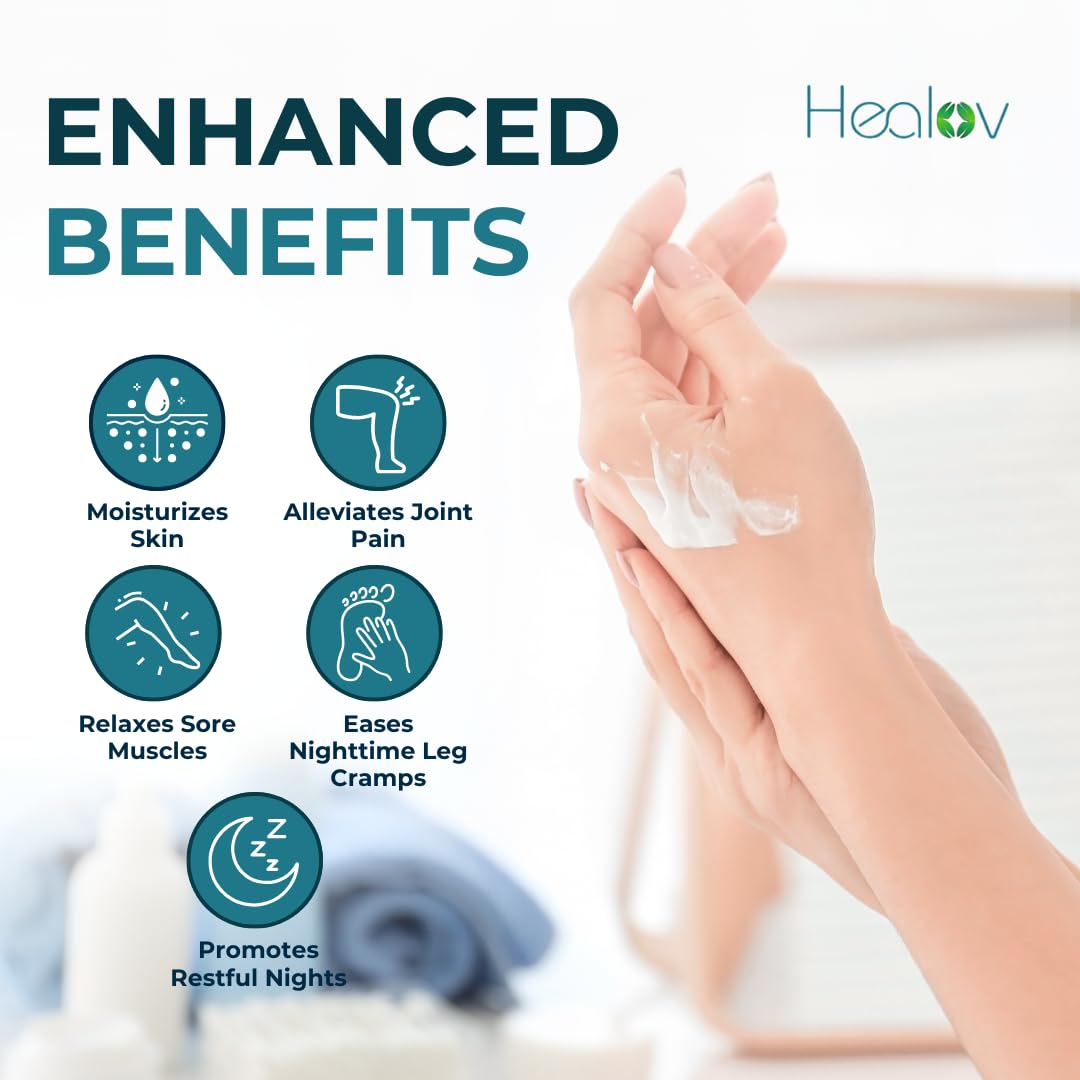 Healov magnesium lotion for sleep and muscle relief, showing the bottle with lotion and a relaxing background.