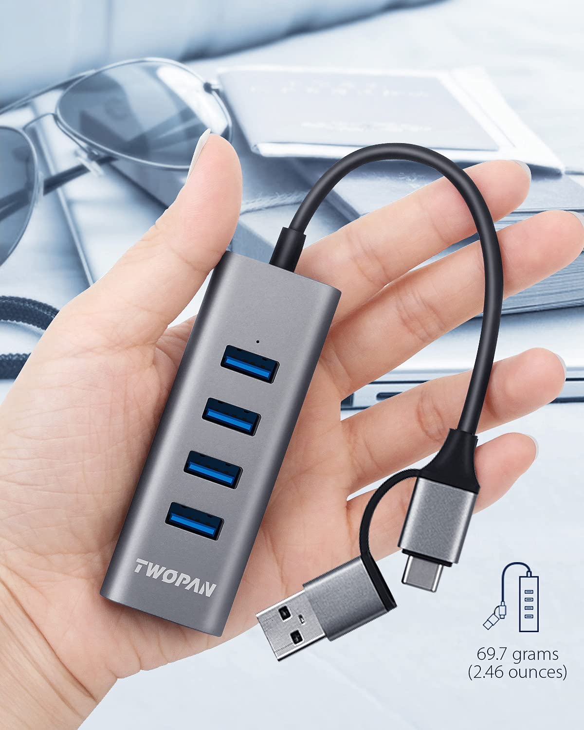 TWOPAN 4-Port USB 3.0 Hub for Laptop, Aluminum Alloy, USB-A & USB-C Plugs, 5Gbps Data Transfer, Compatible with MacBook Pro/Air, iMac, iPhone 16/15, Desktops, Tablets, Keyboard, Mouse, Mobile HDD