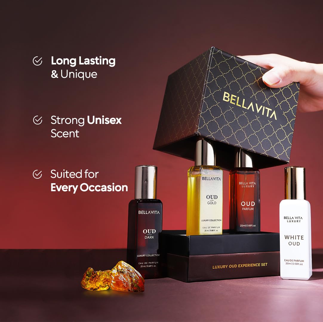 BellaVita Luxury OUD Experience gift set with four 20ml Arabic unisex perfumes, elegant bottles with intricate designs.