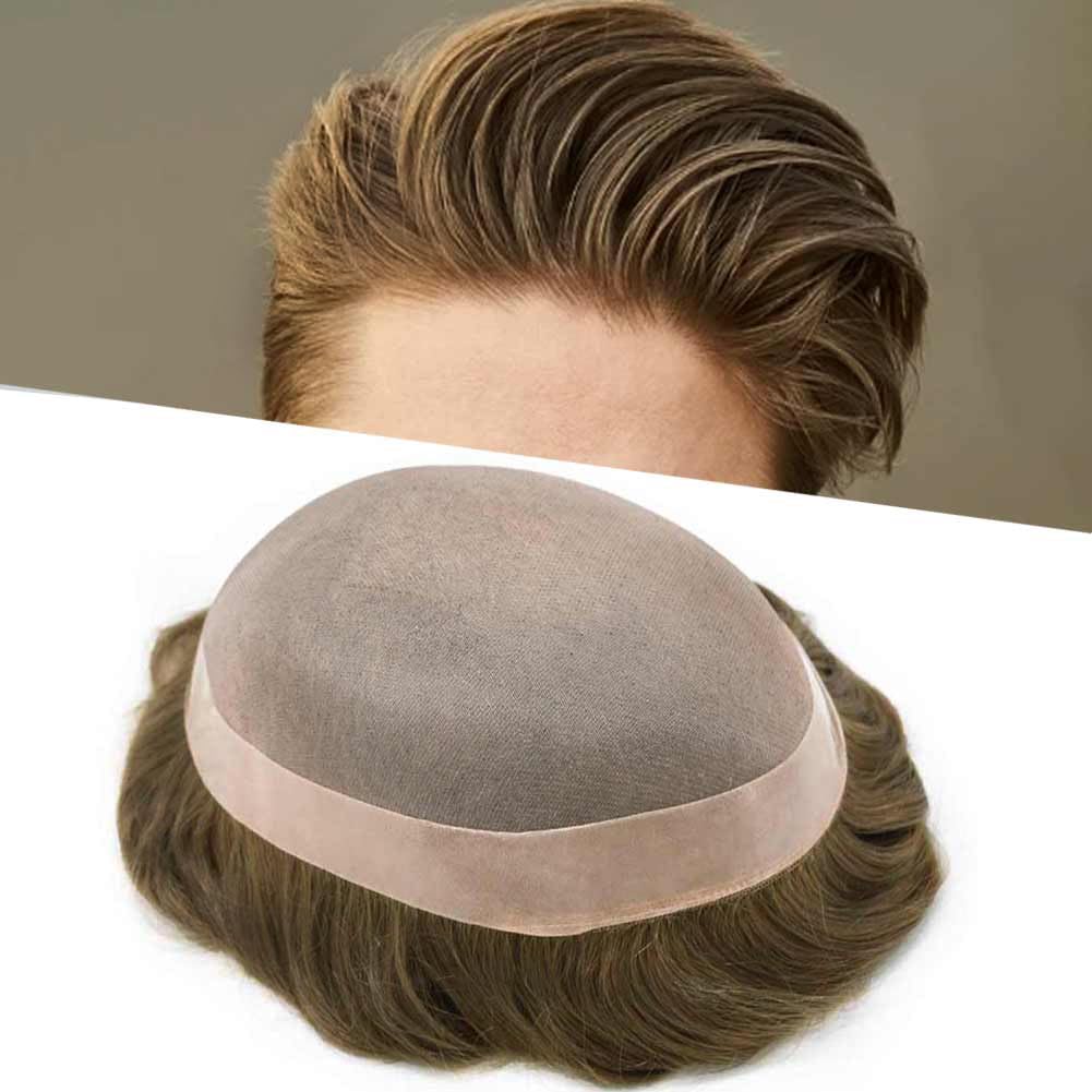 Curve Hair Mens Toupee Human Hair Piece Replacement System Monofilament Wig Hair Unit for Men Durable Poly Coated Mens Hairpiece (#720 Very Light Brown+20% Gray, 6"X9")