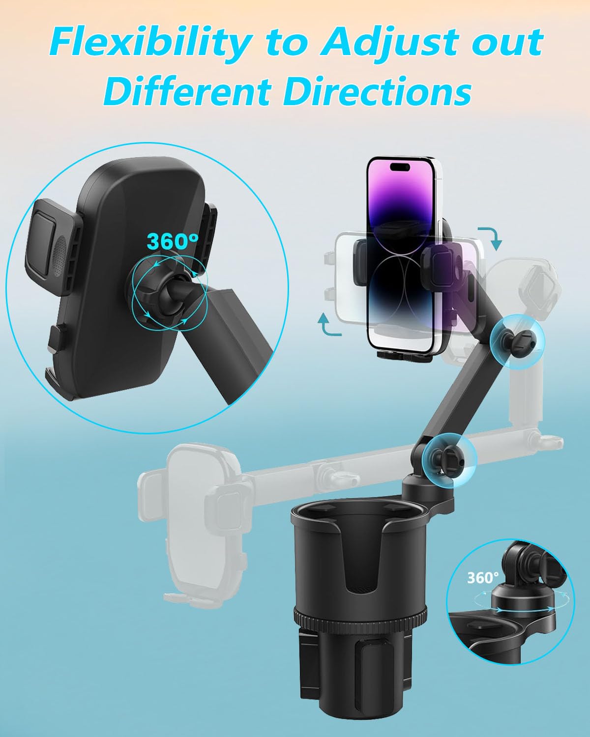 Easkkty 2-in-1 Cup Phone Holder for Car, 360° Adjustable Car Phone Mount - Easkkty Official Product View 3
