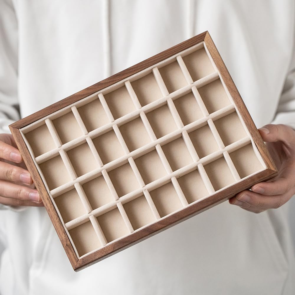 28 Grid Black Walnut Wooden Jewelry Tray with Velvet Lining - MIGAKU HOME Official Imagery - 3