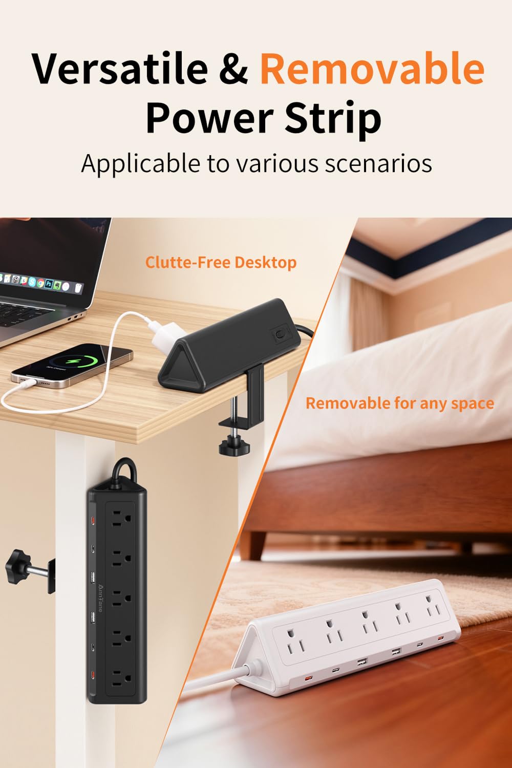 Desk Clamp Power Strip USBC 40W Fast Charging 10 Ft Black - AnnTane Official Imagery - 5