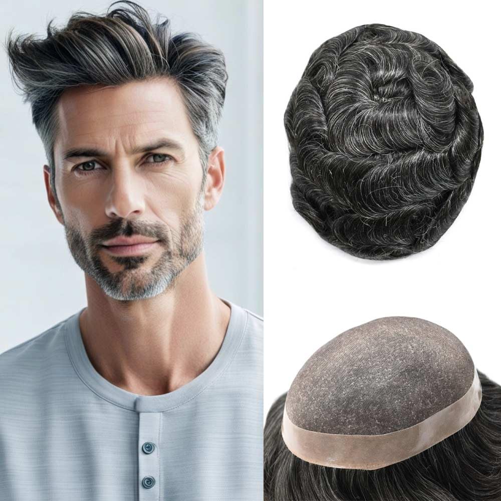 Curve Hair Mens Toupee Human Hair Piece Replacement System Monofilament Wig Hair Unit for Men Durable Poly Coated Mens Hairpiece (#1B30 Off Black+30% Gray, 6"X9")