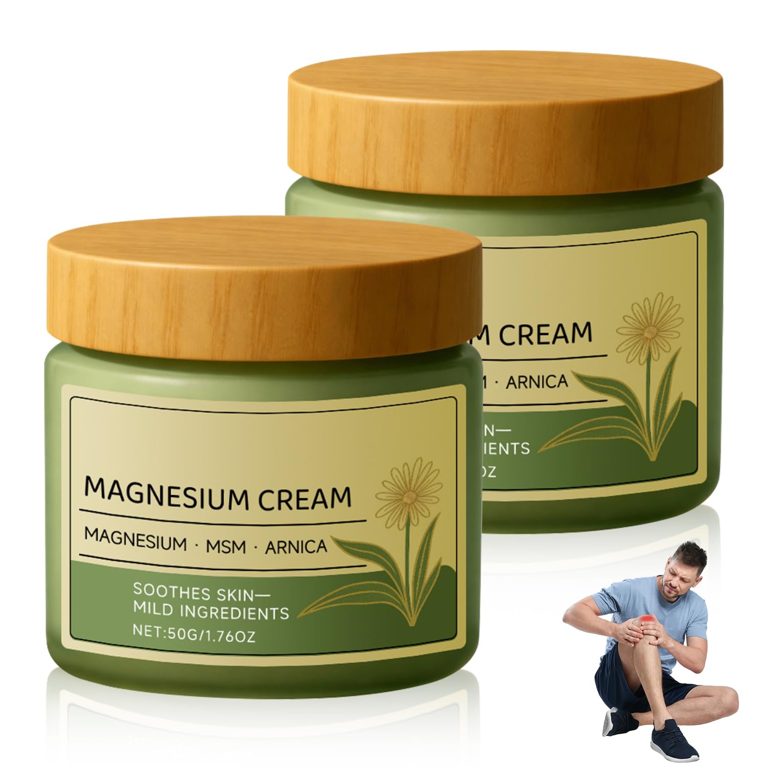 JJpopo Magnesium Cream with MSM and arnica, 50g skincare moisturizer, two tubes for soothing and hydrating skin.