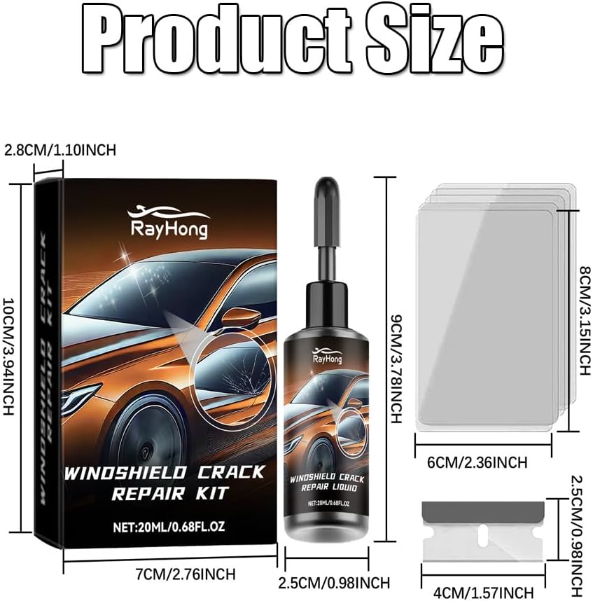 Two-piece windshield crack repair kit with glass repair liquid for fixing chips, cracks, and damage on windshields, windows, and mirrors.