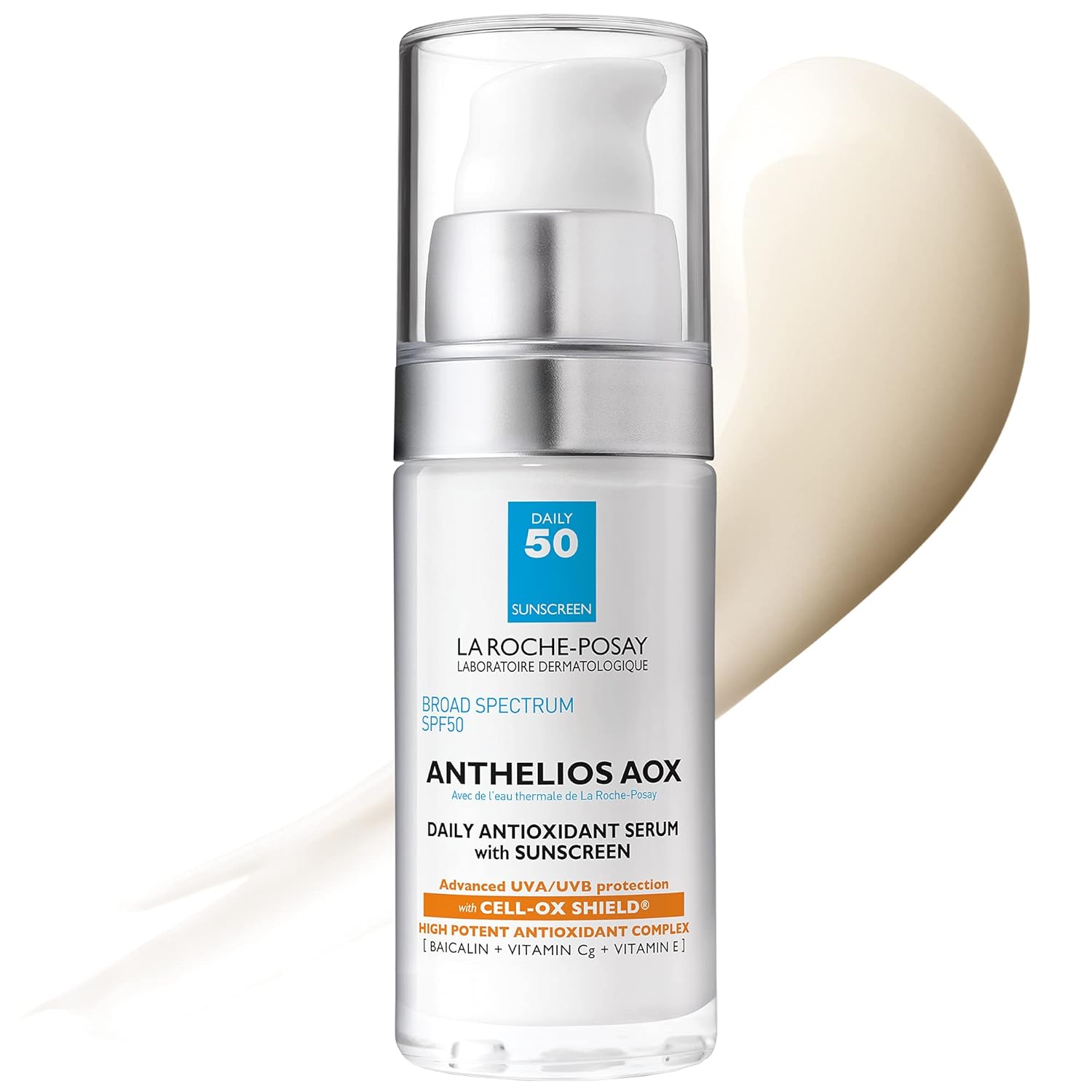 Elefair La Roche-Posay Anthelios AOX Daily Antioxidant Serum with SPF, clear bottle with pump, skincare product for sun protection and antioxidants
