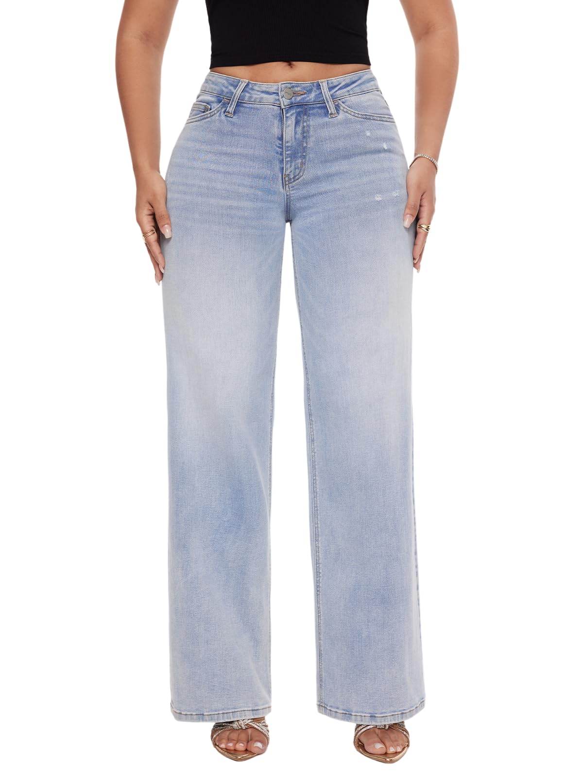 ONESO Wide Leg Jeans for Women Mid Low Rise Baggy Stretchy Denim Pants - View 1