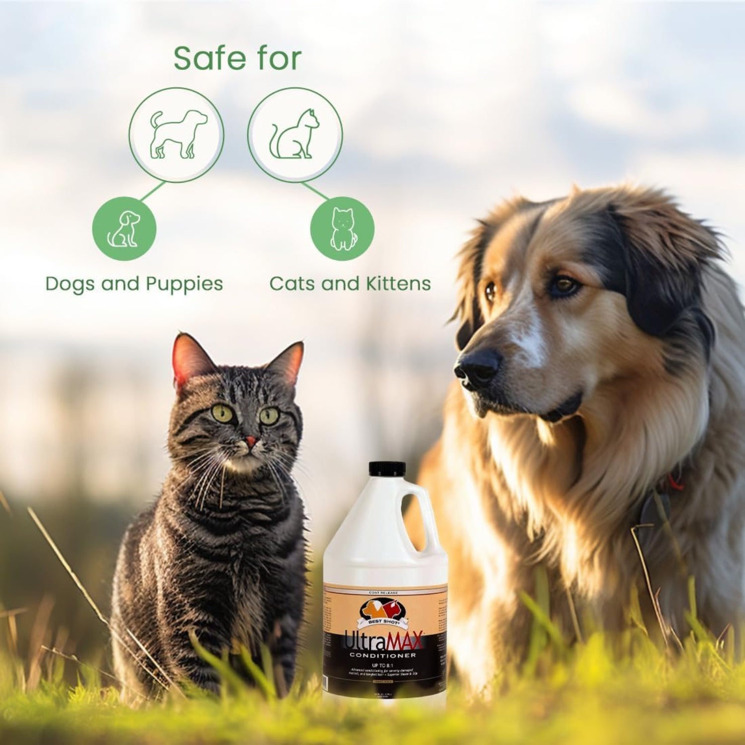 Best Shot UltraMAX Pro Hydrating Conditioner for dogs and cats, showing a bottle of pet conditioner with a label and pump dispenser.