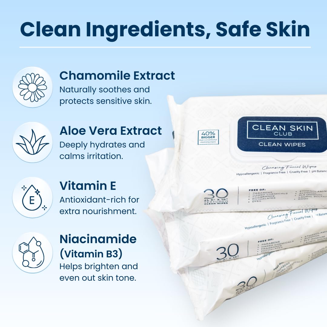 Clean Skin Club Clean Wipes, XL Makeup Remover Face Wipes, - CLEAN SKIN CLUB