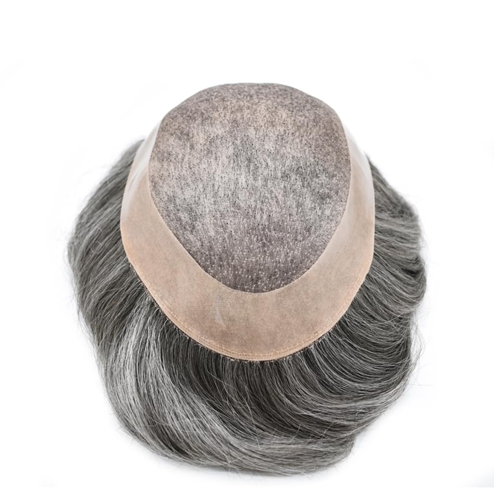Curve Hair Mens Toupee Human Hair Piece Replacement System Monofilament Wig Hair Unit for Men Durable Poly Coated Mens Hairpiece (#1B60 Off Black+60% Gray, 6"X8")