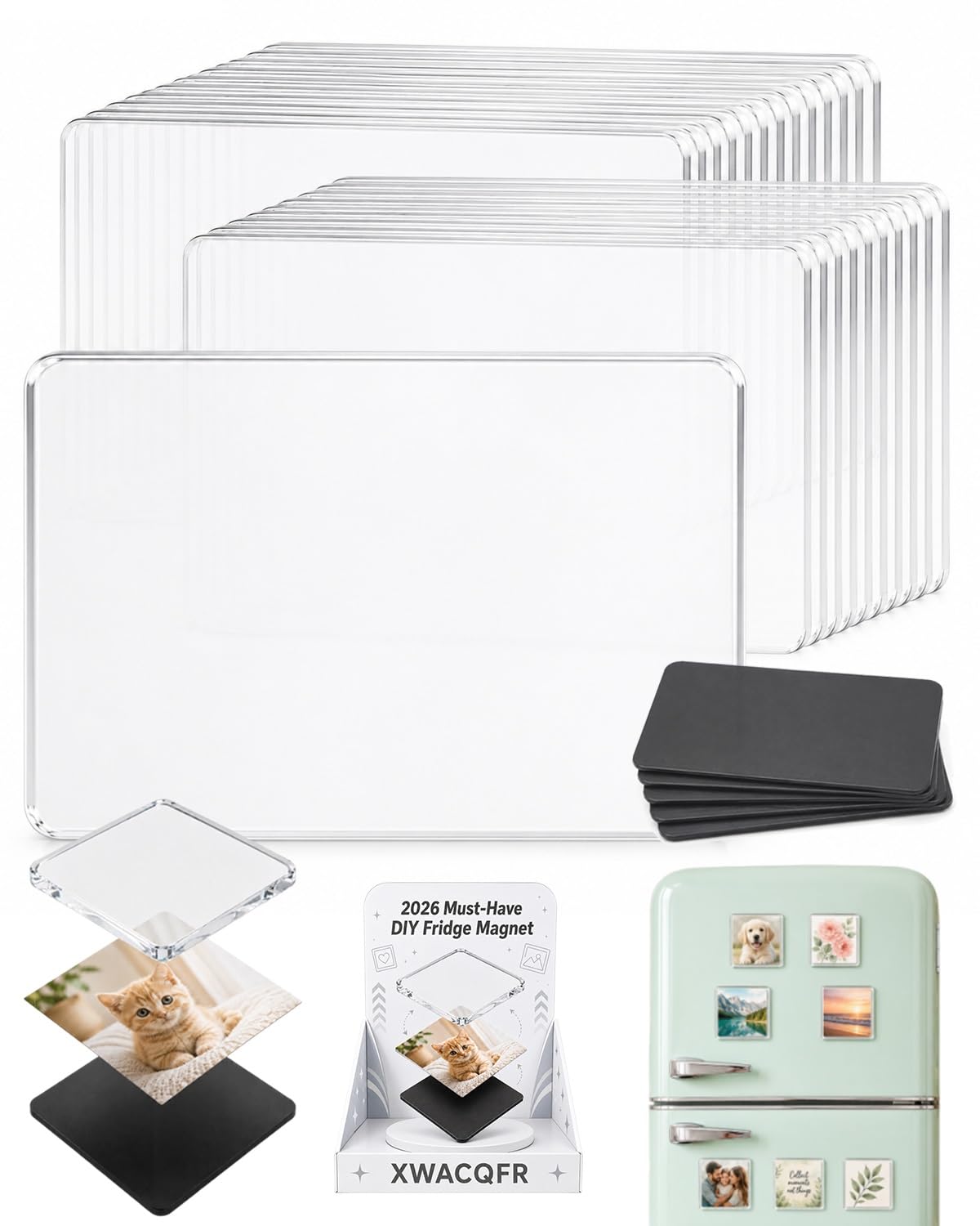 Clear Acrylic DIY Fridge Magnet Set with Adhesive Backing - XWACQFR Official Imagery - 1