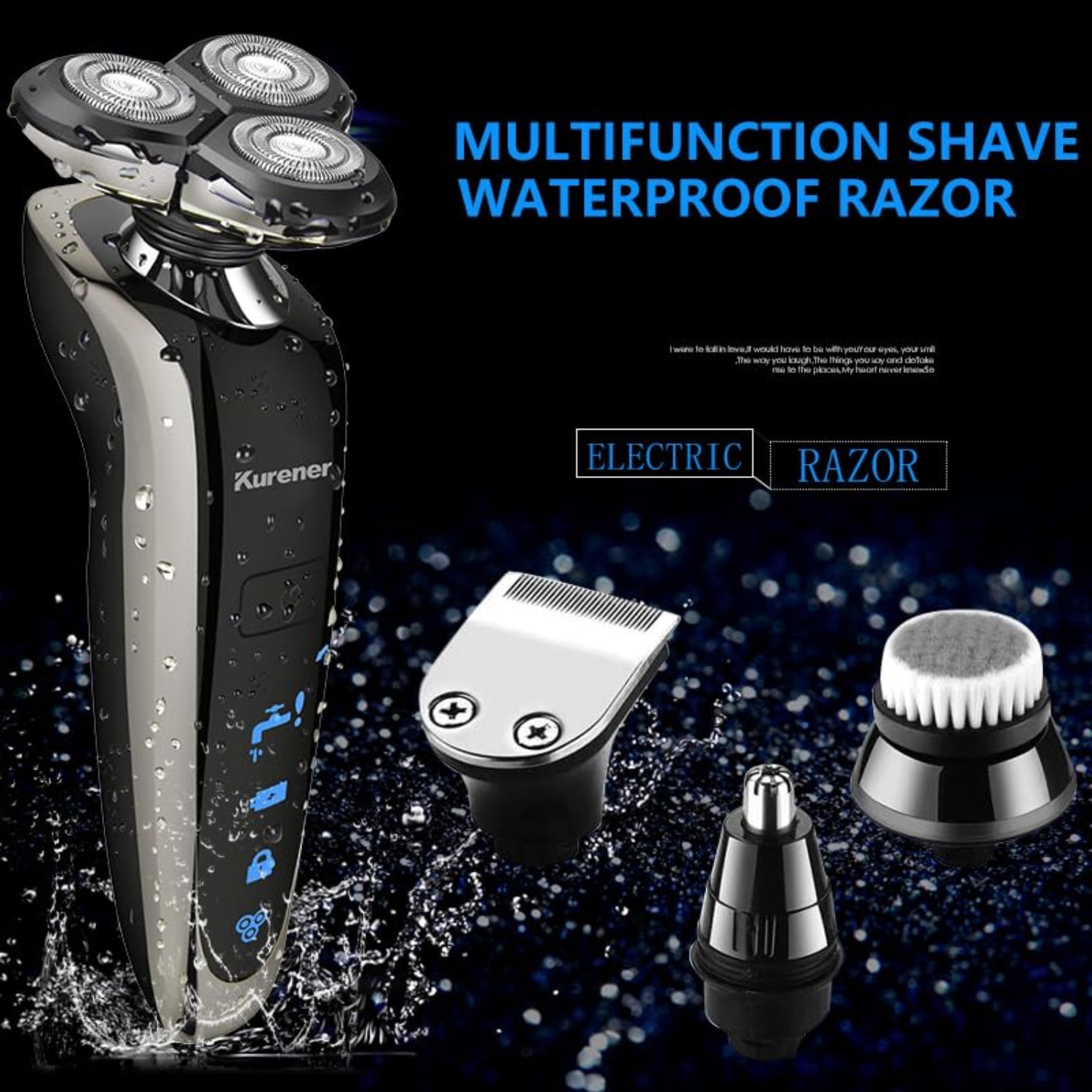 Kurener electric men's shaver razor with rechargeable, waterproof rotary design for close shaving.