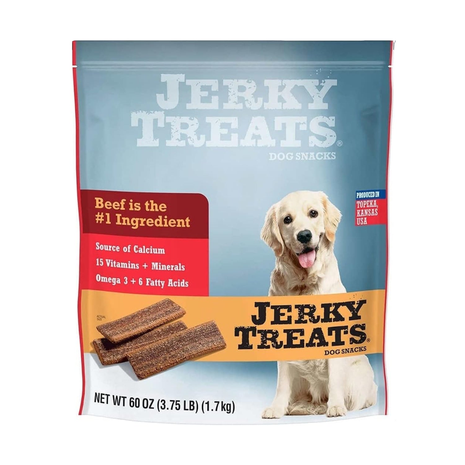 Jerky Treats tender beef strips dog snacks with vitamins, minerals, and Omega 3 in new packaging, 60 oz made in the USA