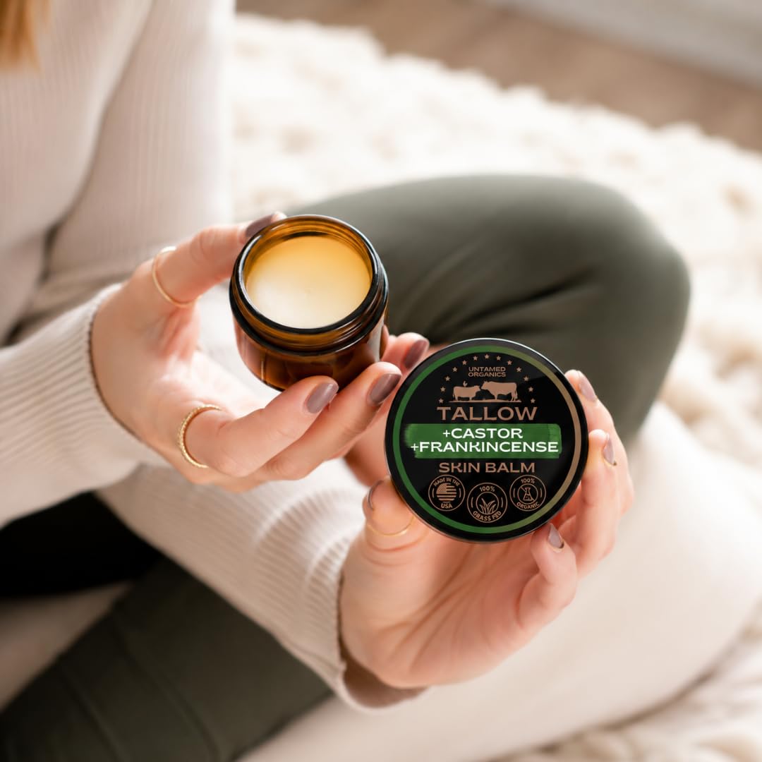 Untamed Organics Beef Tallow Balm for Skin & Face with Castor Oil & Frankincense - 100% Grass-Fed Tallow Face & Body Moisturizer for Dry Sensitive Skin - 2 oz