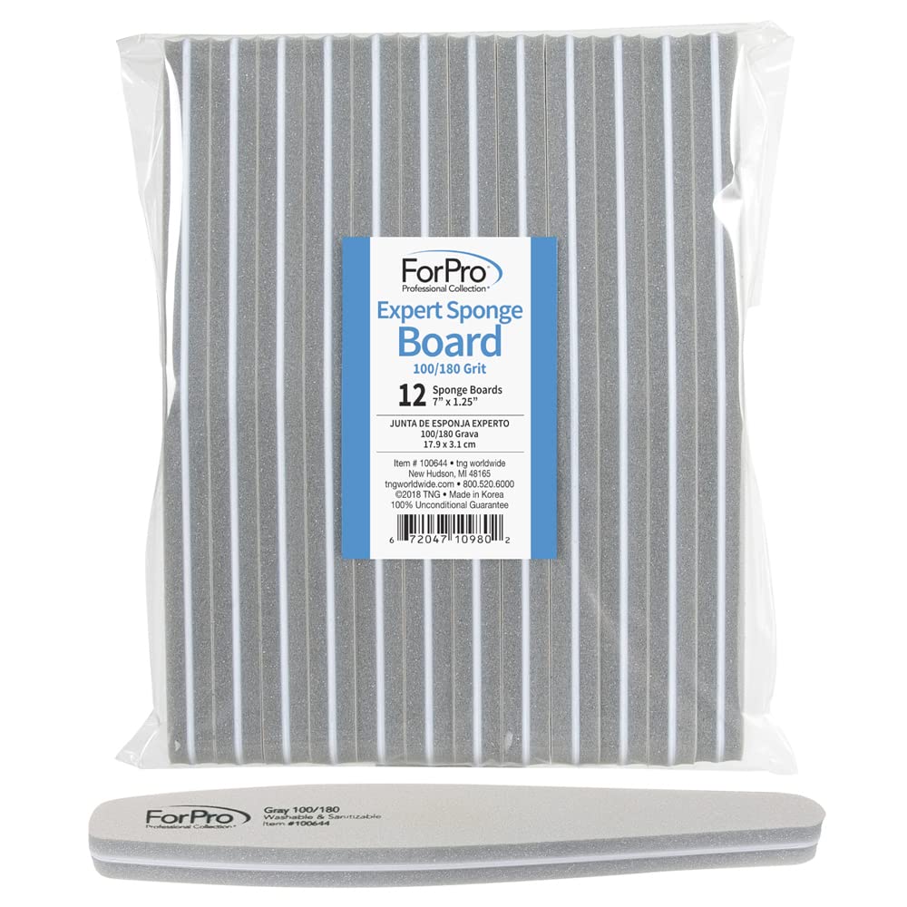 ForPro Professional Collection Expert Sponge Board, 100/180 Grit, Double-Sided Nail Board, 7” L x 1.25” W, 12-Count