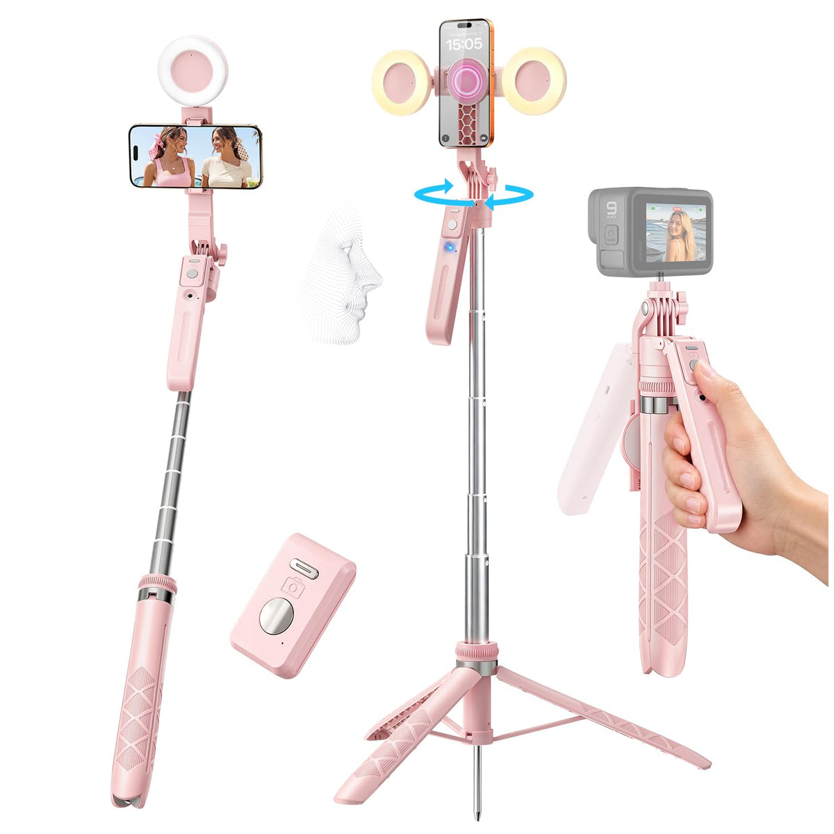 Pink Magnetic Auto Face Tracking Tripod with Light for - Stjiatu Official Imagery - 2