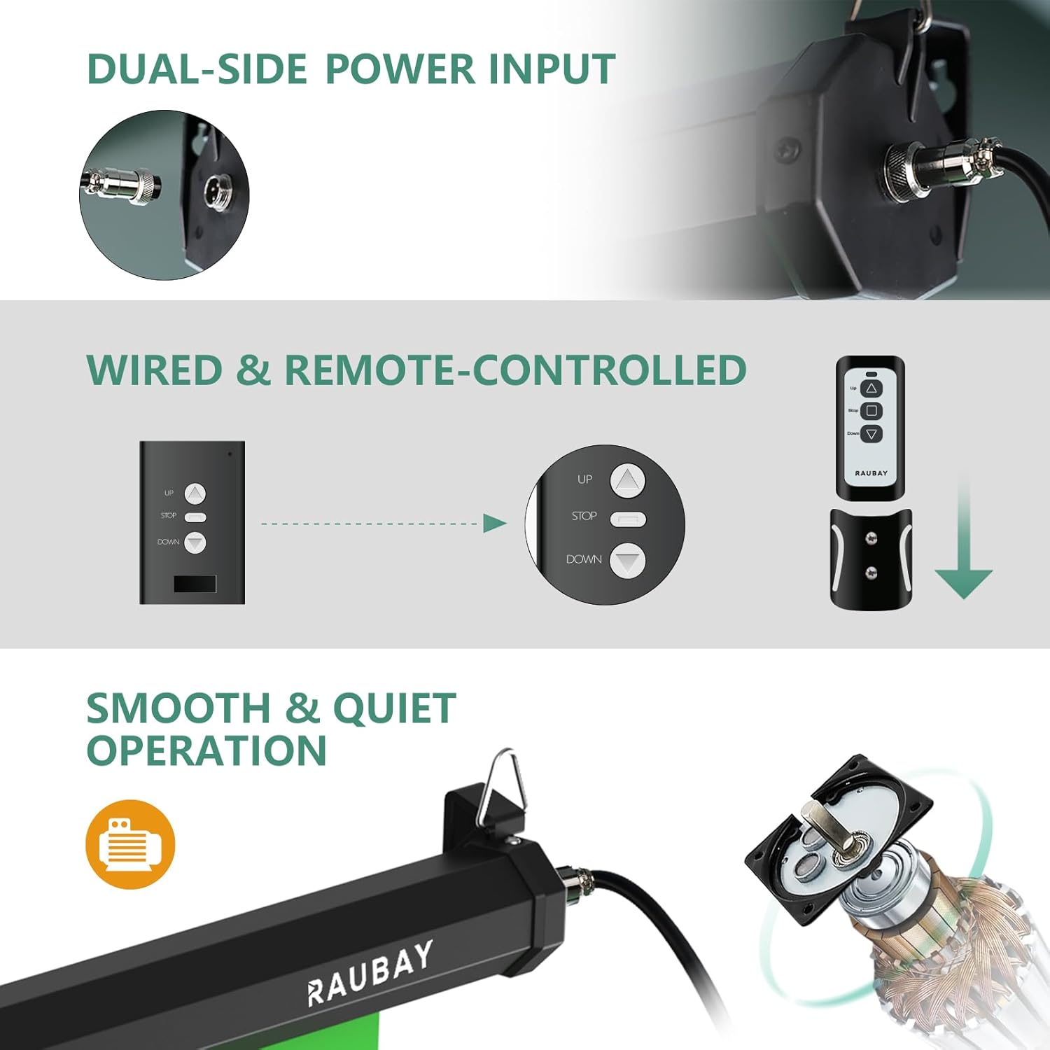 RAUBAY motorized pull-down green screen, 59.8 x 86.6 inches, collapsible wall-mount backdrop for video and photography.