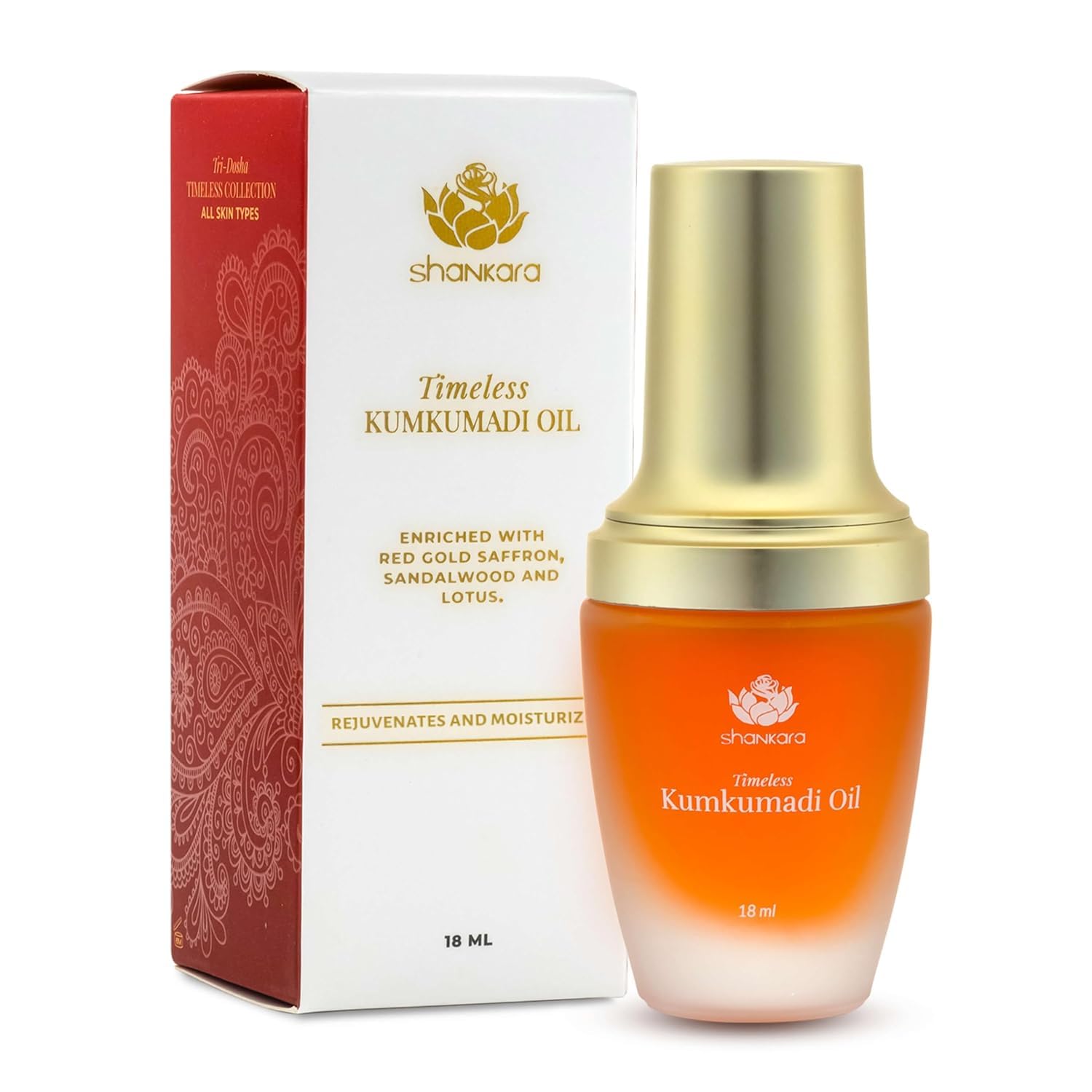 Shankara Kumkumadi Oil for face with pure saffron and 32 Ayurvedic flowers, in a glass bottle with dropper for skincare.