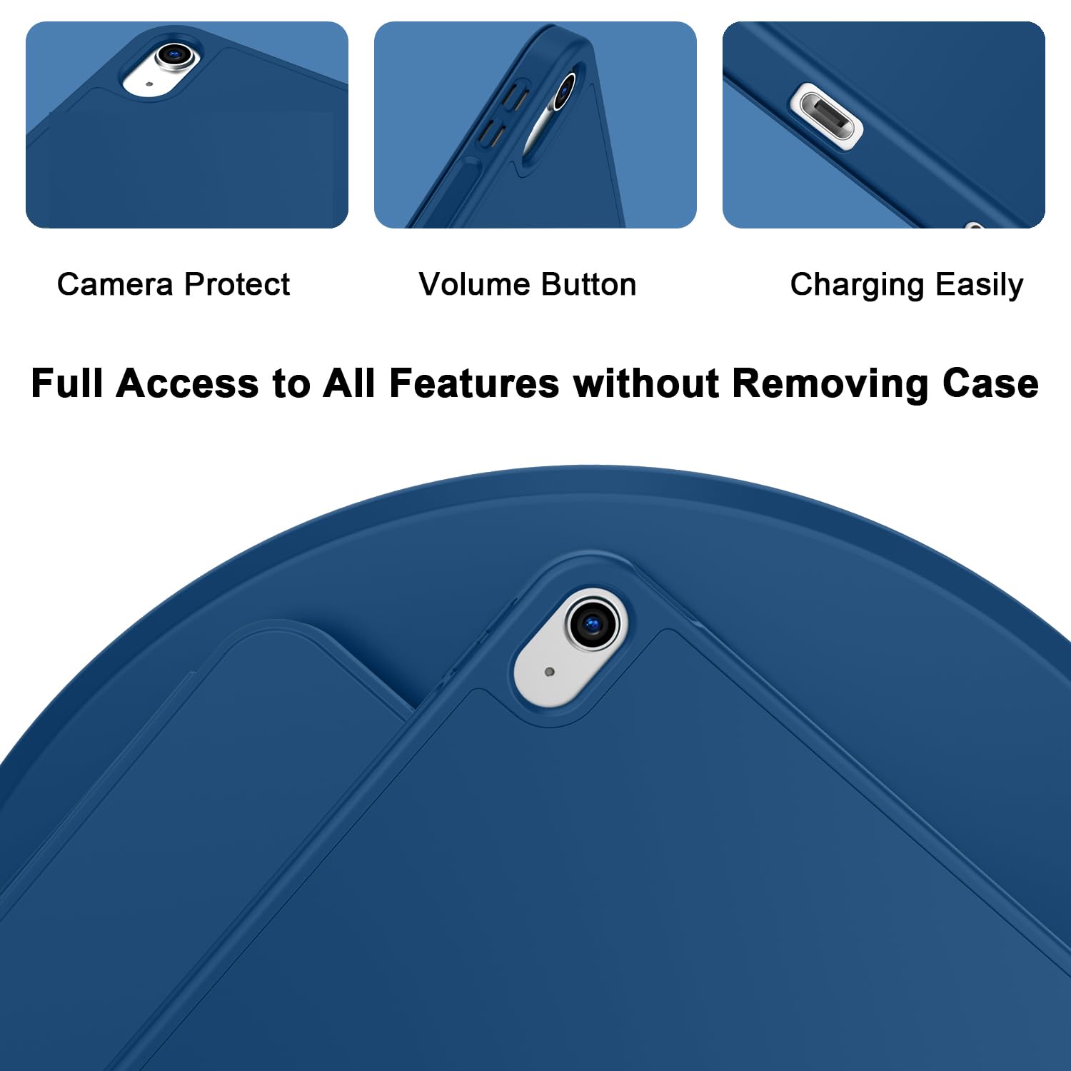 ToaPoia navy blue iPad case for 11-inch and 10th gen iPad, slim trifold cover with pencil holder and auto sleep/wake.