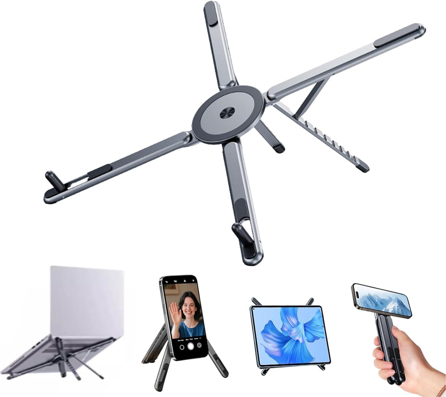 MaTekoty portable gray aluminum laptop stand with adjustable height, foldable design, magnetic phone holder, and tablet support.