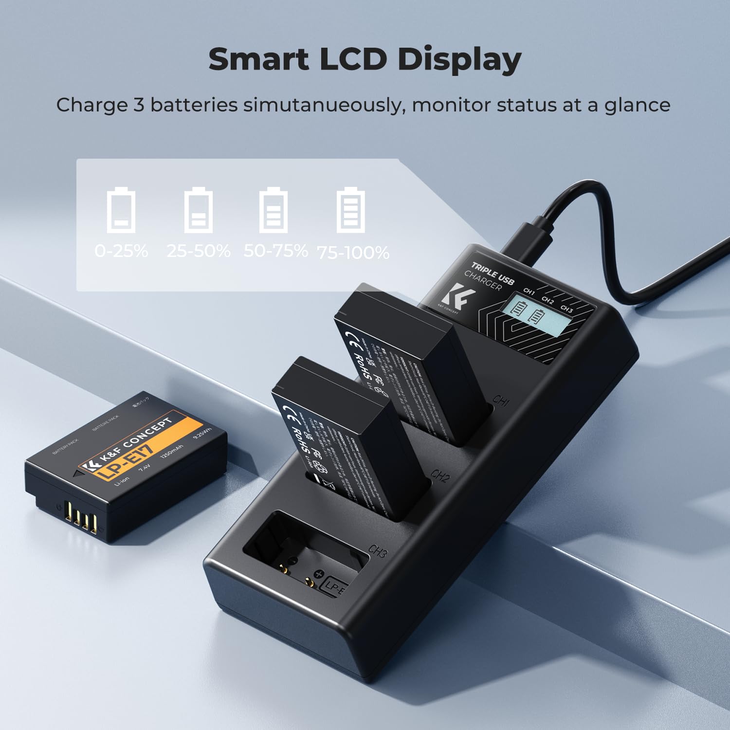 K&F CONCEPT LP-E17 camera battery 3-pack with 3-slot LCD charger for compatible DSLR and mirrorless cameras.