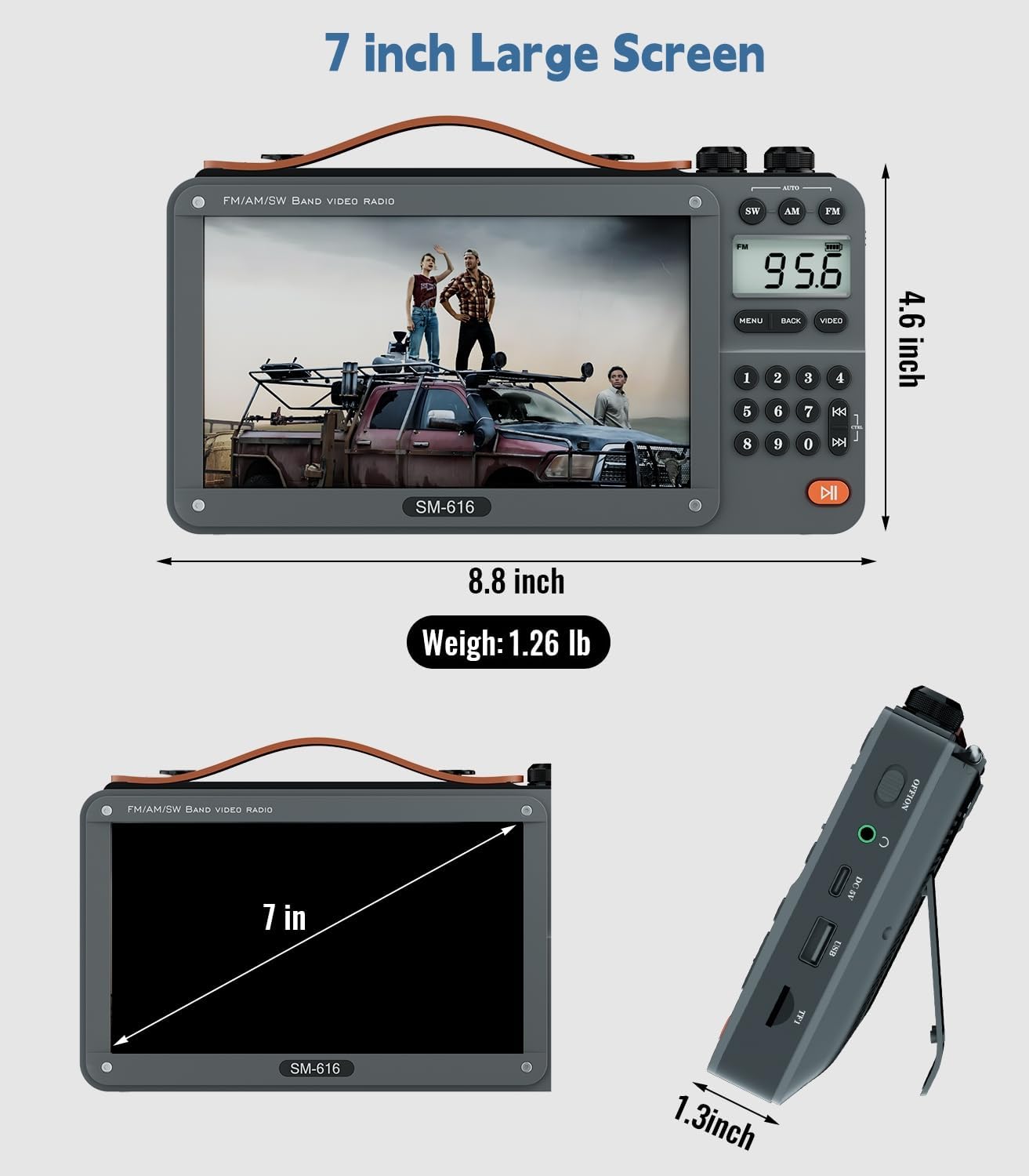 ONGTEED 720P 7-inch screen AM FM radio with Bluetooth speaker and rechargeable battery, showing the device with controls and display screen