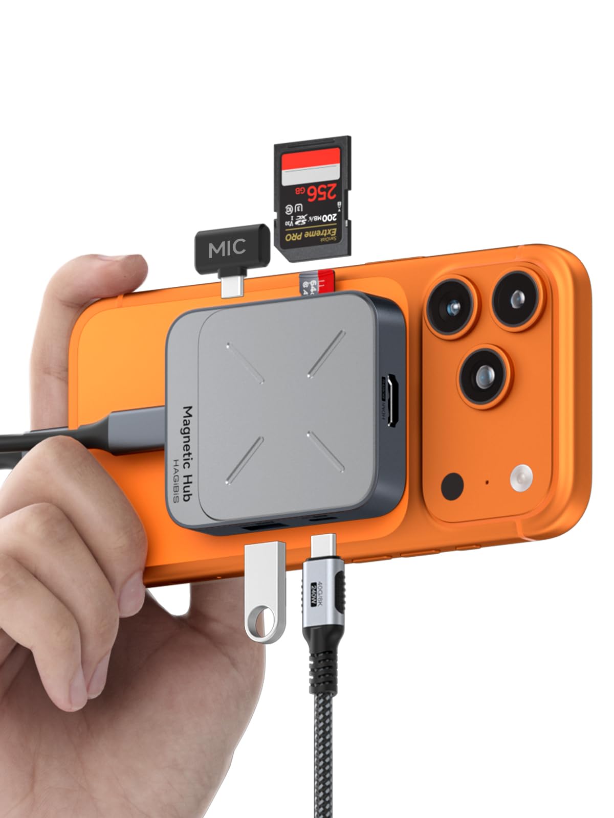 Hagibis 7-in-1 Magnetic USB C Hub with MagSafe attached to a cellular phone case, showing multiple ports and magnetic connection features.