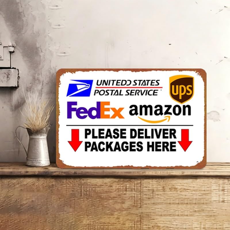 Vintage Delivery Packages Here Print Metal Sign 8x12 Inch - Product Imagery