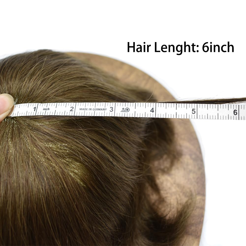 Curve Hair Mens Toupee Human Hair Piece Replacement System Monofilament Wig Hair Unit for Men Durable Poly Coated Mens Hairpiece (#520 Light-Med Brown+20% Gray, 6"X9")
