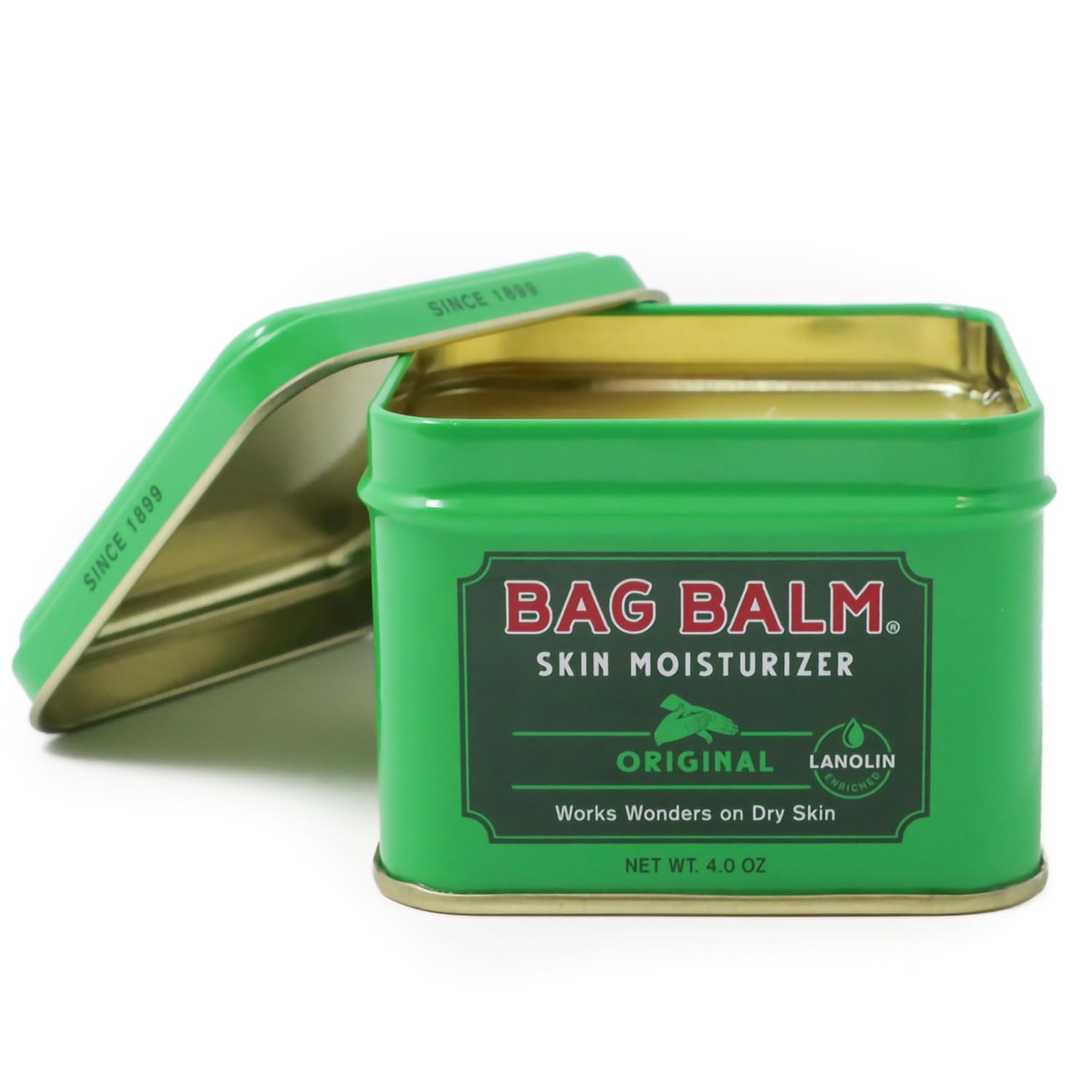 Bag Balm Original Skin Moisturizer 4oz tin with label visible, made in the USA, for soothing and moisturizing dry skin.